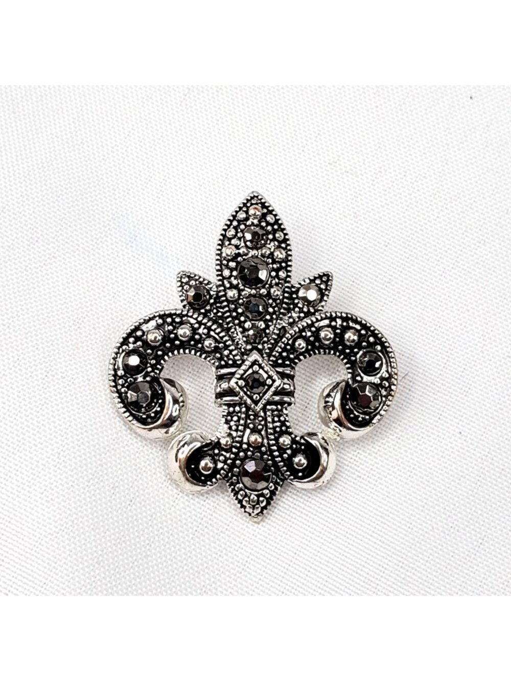 Fleur-De-Lis Silver Tone Heraldic Brooch With Marcasite Rhinestones